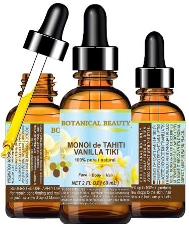 Botanical Beauty MONOI DE TAHITI OIL VANILLA TIKI Pure Natural Undiluted Virgin. 2 Fl. Oz.- 60 ml. Polynesia Original for Face Skin Hair and Body
