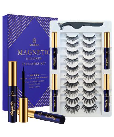 DUOERLA Magnetic Lashes with Eyeliner and Applicator 10 Pairs Reusable Magnetic Eyelashes kit and 4 Tubes of Waterproof Magnetic Eyeliner Upgraded 3D Natural Looking Long Lasting Easy to Apply. KIT B:10 pairs + 4 tubes