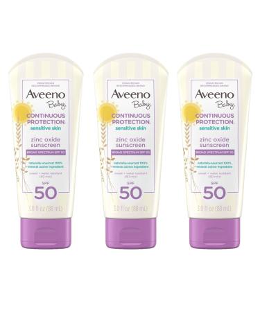 Aveeno Baby Continuous Protection Zinc Oxide Mineral Sunscreen Lotion SPF 50 Unscented White 3 fl. oz (Pack of 3)
