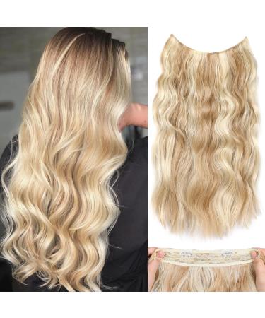 Invisible Wire Hair Extensions with Adjustable Transparent Wire 20 Inch Synthetic Halos Hair Extension Secret Wire Hair Extensions Clip In Real Hair (Dark Golden Mix Beige Blonde)