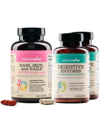 NatureWise 1 Hair Skin & Nails - Biotin + Multi Vitamin - 150 Softgels 50-Day Supply + (Pack of 2) Digestive Enzymes + Probiotics & Prebiotics - 60 Capsules 30-Day Supply