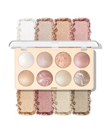 KYDA 8 Colors Baked Powder Palette Mulitiuse Baked Powder for Eyeshadow Highlighter Contour High Glossy Pigment Lightweight Soft Powder Buildable Blendable Natural Look Golden Luster #01 Golden Luster