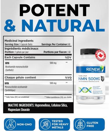 Renew Actives NMN 500MG Supplement - Highest Potency Available. Cellular Health Boosts NAD+ Promotes Longevity Energy Metabolism & Tissue Formation - 60 Capsules - Made in Canada - Buy Online on GoSupps.com