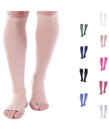 Doc Miller Open Toe Compression Socks 1 Pair 20-30mmHg Support Circulation Recovery Shin Splints Varicose Veins Skin Open Toe Large (1 Pair)