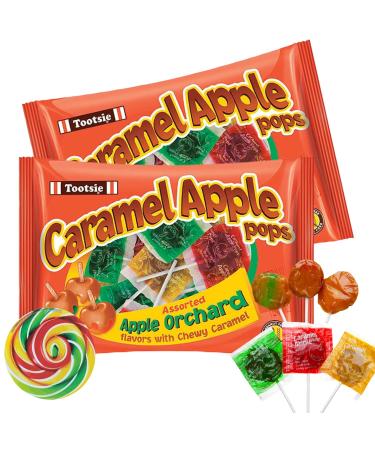 Caramel Apple Lollipops, Green, Golden, and Red Apples Flavored Suckers, Fall Themed Candies for Goodie Bags and Party Favors, Pack of 2