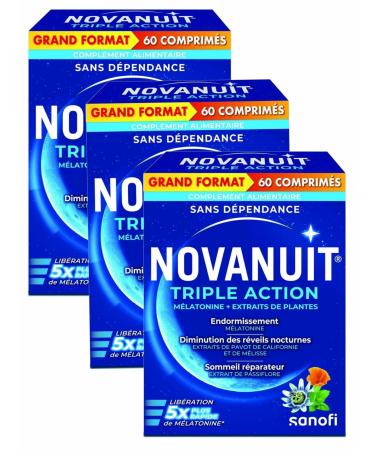 Novanuit Triple Action Melatonin + Herbal Extracts Large 6 Months Treatment Pack of 3 Boxes of 60 Tablets
