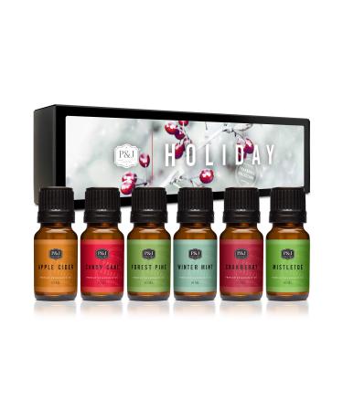 Holiday Set of 6 Premium Grade Fragrance Oils - Mistletoe, Candy Cane, Wintermint, Apple Cider, Cranberry, and Forest Pine - 10ml