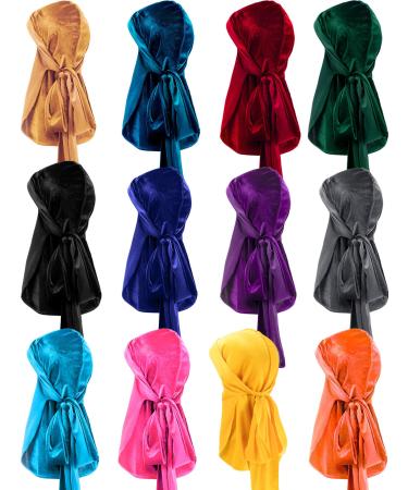 12 Pieces Velvet Durags Caps Wide Strap Headwraps Long Tail Turban Beanies for 360 Wave Men Women (Multicoloured)
