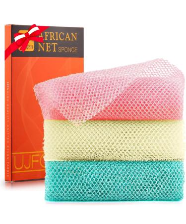 3 Pieces African Net Sponge African exfoliating net African Net Long Net Bath Sponge Exfoliating Shower Body Scrubber Back Scrubber Skin Smoother(Pink Green Off-White) Pink Green Off-White