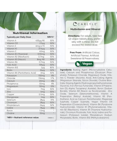 Multivitamins and Minerals | 365 Vegan Tablets | 28 Essential Nutrients | Multivitamins Women and Men | Vitamin Supplement | By Carlyle - Buy Online on GoSupps.com