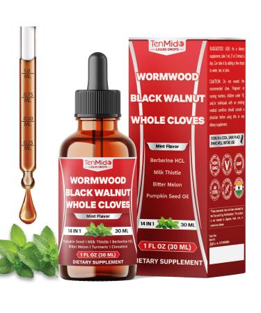 14in1 Wormwood Tincture - Wormwood Black Walnut Clove Extract with Pumpkin Seed Oil Milk Thistle Berberine HCl Bitter Melon Turmeric Curcumin Ceylon Cinnamon & More - 30 Days Supply - 1 FL Oz