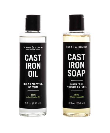 CARON & DOUCET - Cast Iron Cleaning & Conditioning Set: Seasoning Oil & Cleaning Soap | 100% Plant-Based & Best for Cleaning Care, Washing, Restoring & Seasoning Cast Iron Skillets, Pans & Grills! 8 oz Each