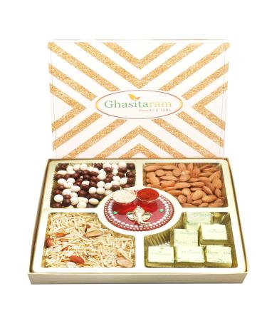 Ghasitaram Gifts Bhaidooj Special Almonds Namkeen Nutties and Chocolate Box with Mini Pooja Thali