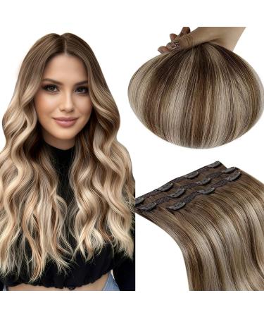 Runatur 50cm real hair clip extensions dark brown balayage brown ombre blonde long human hair clip real hair 3pieces 50gram invisible hair extension real hair clip #3/8/22 50cm-3pcs #3/8/22