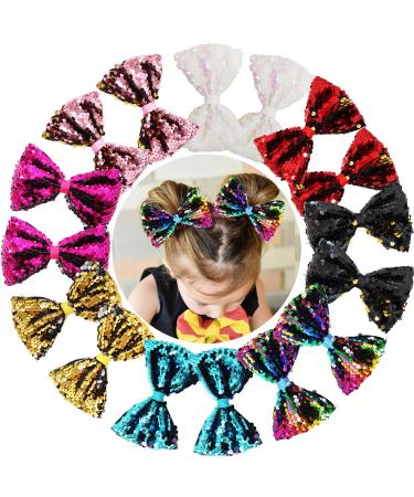 16PCS 5Inch Reversible Sequin Bows with Alligator Hair Clips Sparkly Sequin Glitter Pigtail Hair Bows for Girls Toddlers Kids Children in Pairs