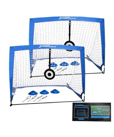 JOGENMAX Portable Soccer Goal, Pop Up Goal Nets with Aim Target,Set of 2, with Agility Training Cones,Led Lights and Carry Case Gift for Kids Teen Boy & Adults Blue