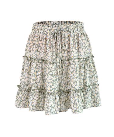LAEMILIA Womens Elastic Waist Flared Short Skirt Floral Print Pleated Mini Skater Skirt with Drawstring S Green