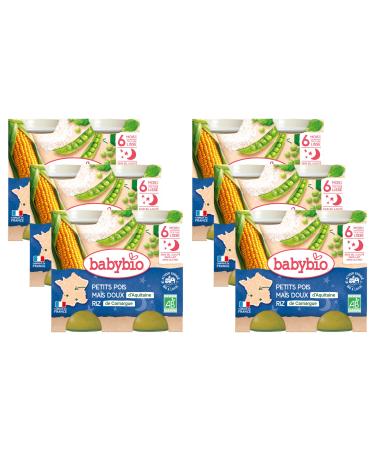 Babybio - Bonne Nuit - Small Pots Small Peas Sweet Corn from Aquitaine Rice 2x200g - 6+ Months - Organic - Pack of 6