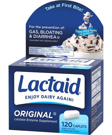 Lactaid Original Strength Lactose Intolerance Relief Caplets 120 ct - Natural Lactase Enzyme Dietary Supplement for Gas, Bloating & Diarrhea Prevention - Buy Online on GoSupps.com