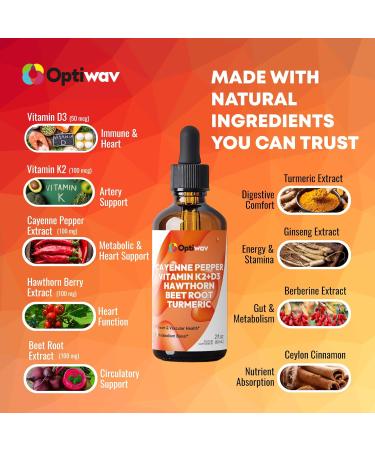 Optiwav Cayenne Pepper Drops Liquid Supplement - Hawthorn Beet Root Turmeric Ceylon Cinnamon Berberine Extract with Vitamin K2 D3 - Natural Capsaicin Tincture for Cleanse Heart Health & Daily Booster - Buy Online on GoSupps.com
