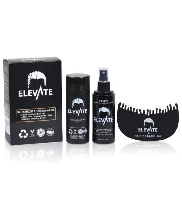 ELEVATE Hair Ultimate Perfecting 3-in-1 Kit Set Includes Natural Hair Thickening Fibers | Locking & Setting Hold Hair Spray | Hairline Optimizer Comb | Instantly Conceal & Thicken Hair (Black)