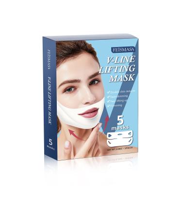 Double Chin Reducer V Shaped Slimming Face Mask, Face Slimming Strap, Neck Lift Tape To Sliming The Face and Tightening Skin Vline Lifting Hydrogel Collagen Mask 5 PCS blue