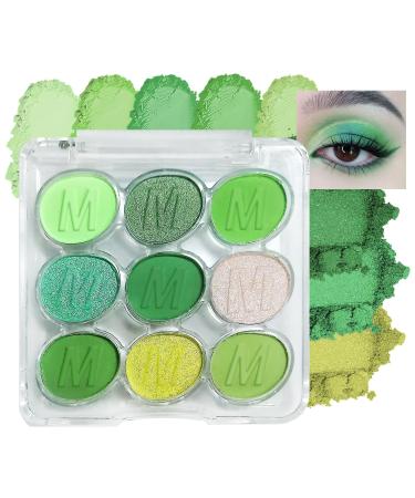 9 Colors Green Matte Eyeshadow Palette Shimmer Yellow Eye Shadow Palette Green Makeup Colorful Blendable Eyeshadow Makeup Palette Waterproof Long Lasting Highly Pigmented Glitter Eye Shadow Pallet