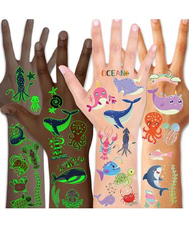 Konsait 130+pcs Glow In The Dark Ocean Sea Life Party Supplies Tropical Fish Whale Temporary Tattoos Body Stickers for Girls Kids Birthday Party Bag Filler Gift Girls Birthday Party Favors Supplies