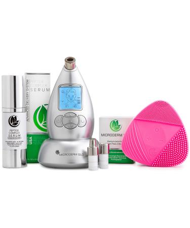 Microderm GLO Complete Skincare Package Includes Diamond Microdermabrasion System Premium Fine Massage Tips 10mm Filters 100 pack Peptide Complex Serum & Sonic Facial Cleansing Brush (Silver)