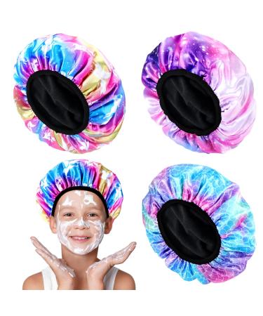 3 Pcs Kids Terry Lined Shower Cap with Dry Hair Function  Triple Layer Shower Cap Cute Funny Waterproof Reusable Shower Hat Elastic Band Silk Bonnet for Kids Toddler Boy Girl (Dreamy)