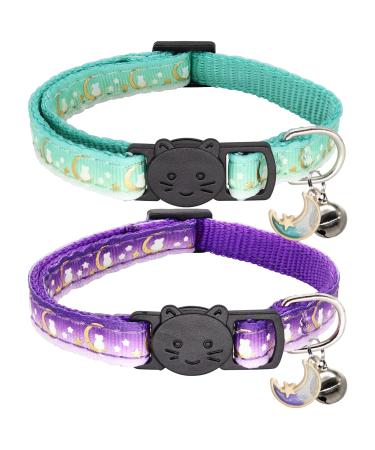 Giecooh 2 Pack Breakaway Cat Collar with Bells,Adjustable Kitten Safety Collars for Boys & Girls 7-11'' Teal+Purple