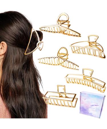 5 PCS Large Hair Claw Clips Gold Hair Clips for Thick Hair No-Slip Cross Claw Clip Metal Hair Catch Barrette French Hair Accessories for Women and Girls