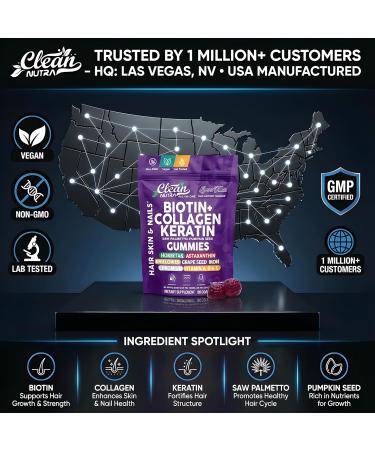 Clean Nutra GrowVana Hair Growth Gummies - Biotin Collagen Keratin Saw Palmetto Astaxanthin Ahiflower Iron Vitamin A D E Pumpkin Seed Horsetail Grape Seed Organic Vegan Gummy Supplement 60 Count - Buy Online on GoSupps.com