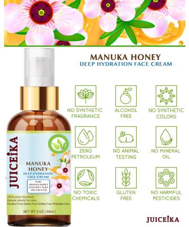 Juiceika MANUKA HONEY Deep Hydration Face Cream Face Moisturizer. Manuka Oil Aloe Vera Shea Butter Coconut Oil Jojoba Oil Squalane Hyaluronic Acid Avocado Oil 2 Fl. oz. - 60 ml. - Buy Online on GoSupps.com