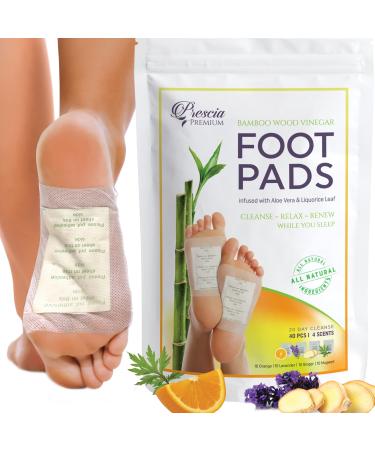 Prescia Foot Pads - Deep Cleansing Foot Care Patches w/Bamboo Vinegar Ginger Aromatic Herbs - Natural & Easy-to-Use - Helps Support Sleep & Skin Health - Soothe Stress & Pain Relief - 40 Pack