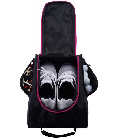 Athletico golf shoe bag with zipper mesh panels for ventilation and outside pocket for socks tees etc. Black / Pink