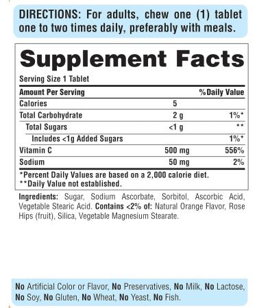 Puritan's Pride Chewable Vitamin C 500mg with Rose Hips - 250 Count - Immune System Support - Buy Online on GoSupps.com