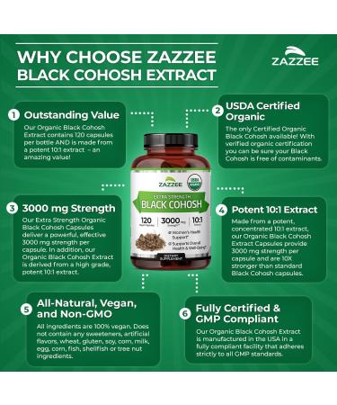 Zazzee USDA Organic Black Cohosh 10:1 Extract 3000 mg Strength 120 Vegan Capsules 4 Month Supply Standardized and Concentrated 10X Extract 100% Vegetarian All-Natural Non-GMO Made in The USA - Buy Online on GoSupps.com