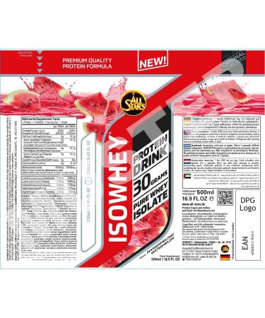 All Stars IsoWhey Pure Protein Drink - Watermelon | 16 x 500ml Ready-to-Drink Shake | 30g Whey Protein & 7.5g BCAAs | Lactose-Free & Low Sugar | High-Quality Protein Supplement - Buy Online on GoSupps.com