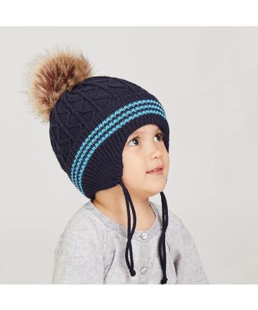 LANGZHEN Toddler Winter Hat Earflap Knit Cap Fleece Lined Beanie for Baby Boys Girls 6-12 Months - Navy-Pompon - Buy Online on GoSupps.com