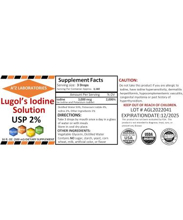 Organic Lugol's Iodine & Potassium Iodide 2% Solution 3000mcg -16oz Liquid Supplement for Thyroid Support & Metabolism Health -Ships Today - Buy Online on GoSupps.com