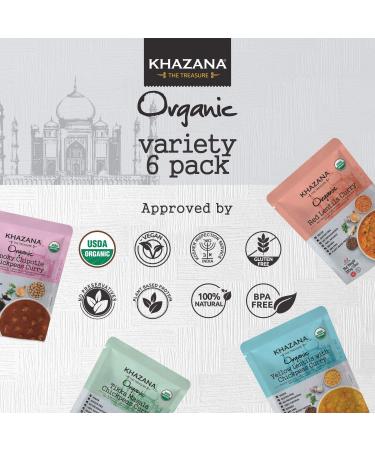 Khazana Organic Ready to Eat Indian Meals Variety Pack | 6 x 10oz Pouches | Non-GMO, Vegan, Gluten-Free & Kosher | Authentic Cuisine in 90 Seconds - Buy Online on GoSupps.com