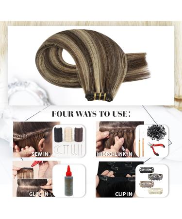 Moresoo Dark Brown with Caramel Blonde Human Hair Weft Extensions 24 Inch - Double Weft, 100g/Pack #P4/27 - Buy Online on GoSupps.com