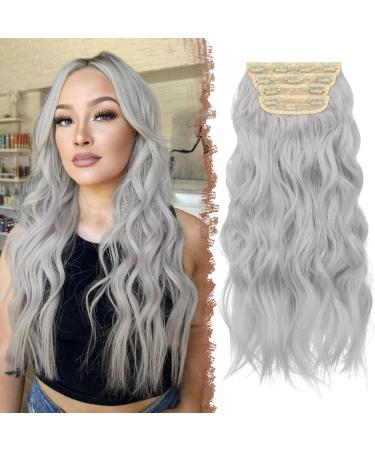 Feshfen clip in extensions 4PCs hair extensions with clips synthetic wavy hair exension gray wavy wavy hair extensions clip in hair part for women 50 cm