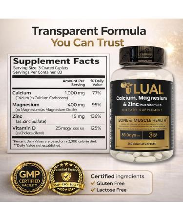 LUAL Calcium Magnesium Zinc with Vitamin D Bone & Muscle Support Supplement for Adults 250 Coated Caplets 83 Day Supply - Buy Online on GoSupps.com