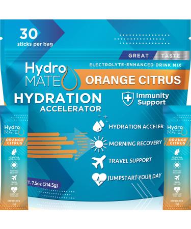 HydroMATE Electrolyte Powder Drink Mix Packets Hydration Accelerator Low Sugar Single Hangover Party Recovery Vitamin C Orange 30 Sticks 30 Count (Pack of 1)