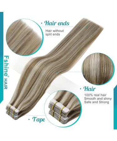 FSHINE TAPE Hair Extensions - Real Hair Blonde & Ash Brown Highlighted 35cm 20 Pieces 50g - Premium Adhesive #8P60 - Buy Online on GoSupps.com
