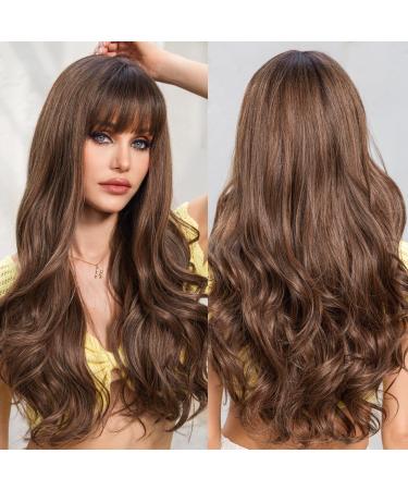 EMMOR Ombre Brown with Highlight Wavy Wigs for Women Long Curly Wigs with Bangs Heat Resistant Fiber Synthetic Wigs Natural looking for Daily Use 56Brown Ombre