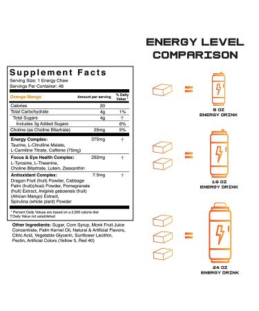 1 Shot Energy Chews Orange Mango - 75mg Caffeine Per Piece - 48 Count (10oz) Pack - Buy Online on GoSupps.com