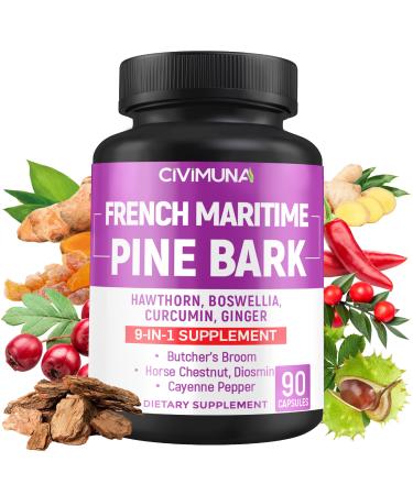 CIVIMUNA French Maritime Pine Bark Capsules with French Maritime Pine Bark Hawthorn Bosweillia and More - 90 Capsules for 3 Months Supply